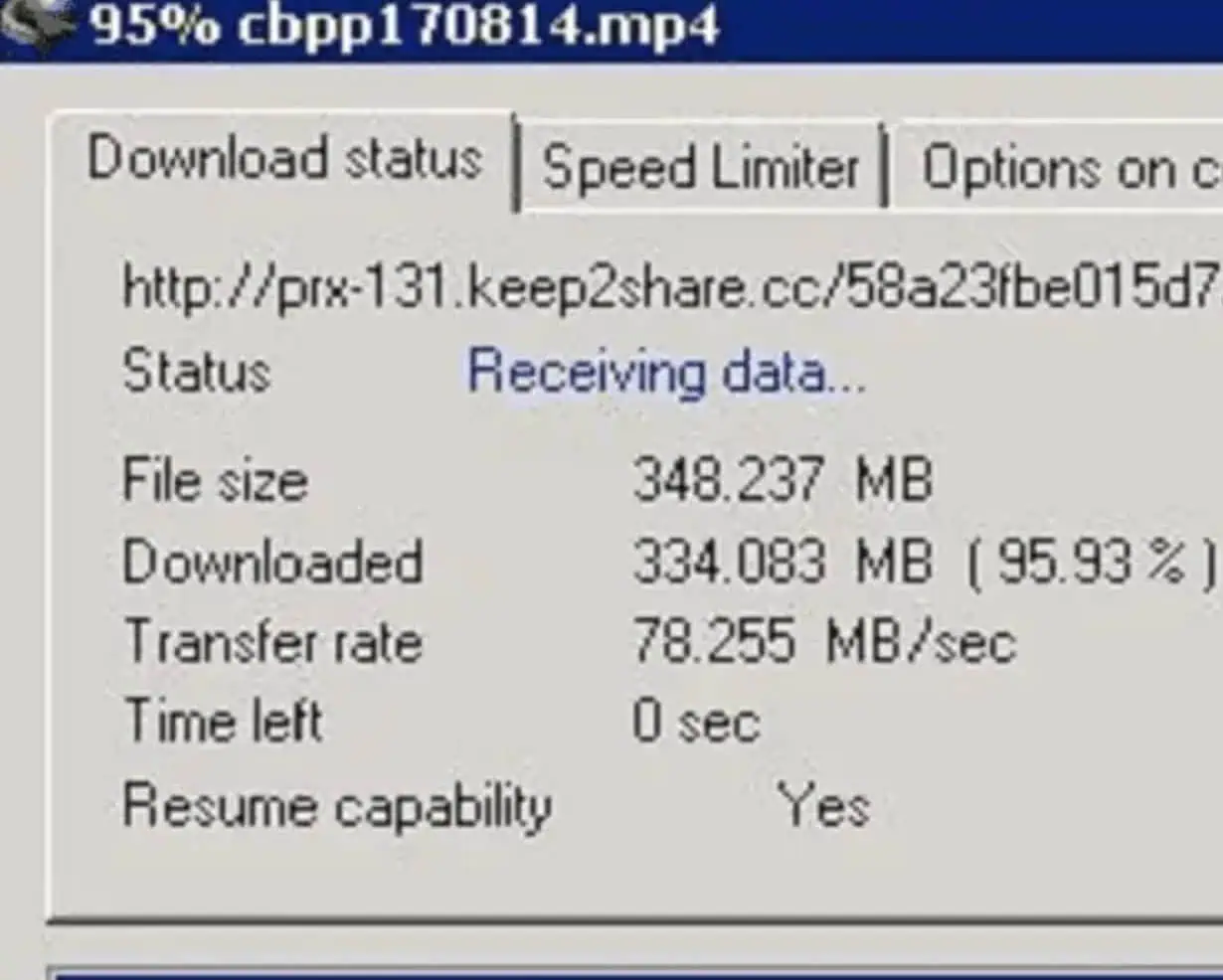 Download window showing a 78.255 MB per second transfer and resume capability